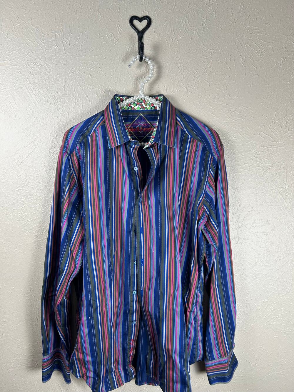 Robert Graham Size Medium Button Up Shirt Flip Cuff Contrasting Colorful Stripes